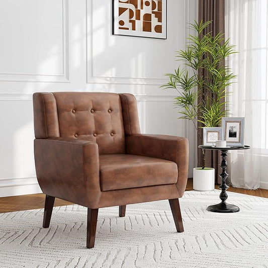 Lumibee Accent Chair, Modern Faux Leather Armchair for Living Room, Comfy Upholstered Arm Chair Tufted for Indoor Bedroom Office Room (P Coffee)