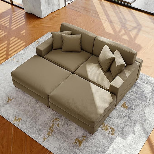 Modular Sectional Couches for Living Room, Modern Loveseat 2-Seater Sofa Couch with Ottoman, Upholstered Couches for Living Room Bedroom, Camel