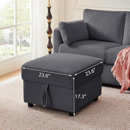 Corduroy Storage Ottoman for Living Room Sofas Couches, Square Ottoman with Storage Space Foot Rest Stool for Apartment, Dorm, Entryway, Grey