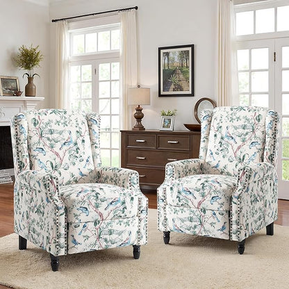 Recliner Chair, Upholstered Wingback Floral Pushback Armchair with Adjustable Backrest & Footrest, Comfy Accent Chair Reading Single Sofa for Small Spaces, Living Room, Bedroom
