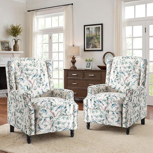 Recliner Chair, Upholstered Wingback Floral Pushback Armchair with Adjustable Backrest & Footrest, Comfy Accent Chair Reading Single Sofa for Small Spaces, Living Room, Bedroom (Bird, Set of 2)