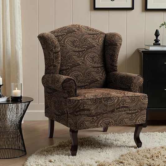 Pia Ricco High Back Floral Accent Chair, Upholstered Fabric Armchair with Solid Wood Legs - Retro Living Room Reading Chair, Comfortable Single Sofa Seat-Cranberry