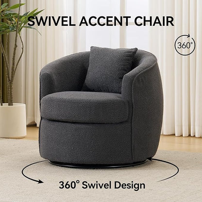 Swivel Accent Chair, Modern Upholstered Boucle Barrel Arm Chairs with Pillow for Living Room, 360 Degree Round Swivel Sherpa Armchair with Round Base for Bedroom Club (1, Dark Grey)