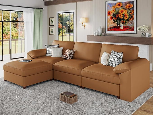 EASE MOOSE Leather Sectional Couch, Oversized Modular Sectional Sofas, Wide Deep Seat Modular Couch, Scratch Resistant Faux Leather Material, L Shaped Sofa for Big Spaces, Brown