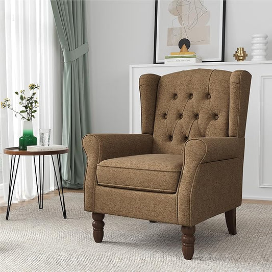 High Back Accent Chair, High Wingback Chair for Living Room, Button-Tufted Upholstered Fabric Armchair with Solid Wood Legs, Comfy Single Sofa Reading Chair for Bedroom, Brown