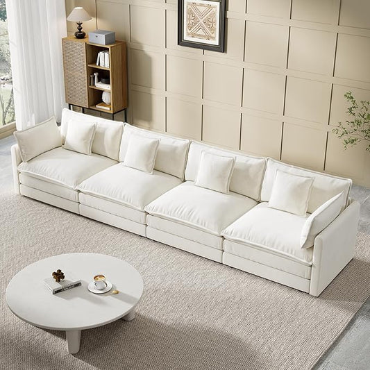 Modular Sectional Sofa, 146.5 Inch I-Shaped Cloud Sofa with Deep Seat Chenille Sofa with Cushions, Four Seater Sectional Sofa for Living Room Apartment,White