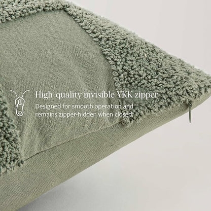 Double Stitch 100% Cotton Throw Pillow Covers - Checkered Tufted Boho Decorative Pillow Covers 20x20, Made in India, Square Cushion Case, Modern Home Decor for Couch, Sofa, Living Room, Sage Green