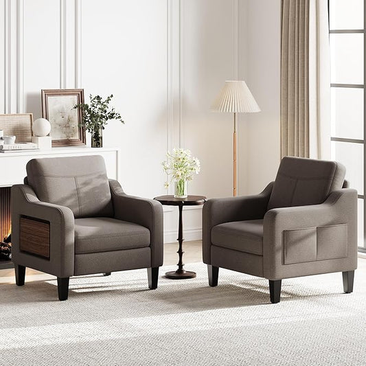 Accent Chair for Living Room Modern Linen Upholstered Armchair Side Wooden Fabric Sofa Chair with Foldable Table 2 Side Pockets Comfy Reading Chair for Bedroom