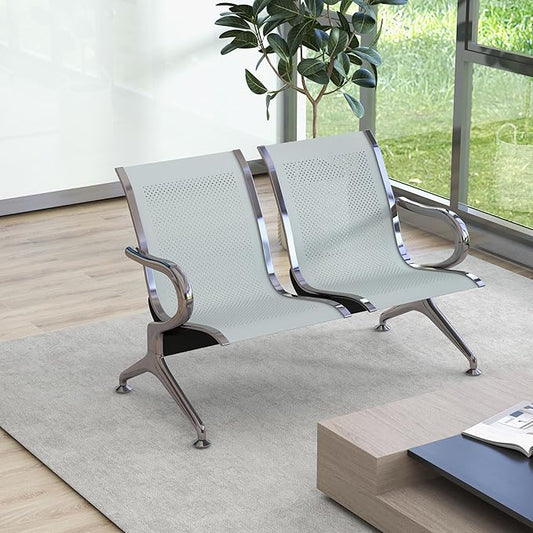 Kinsuite 2-Seat Reception Chairs - Waiting Room Chairs with Arms & Stainless Steel Frame, Waiting Room Bench Lobby Chairs for Office Airport Bank Hospital, Silver