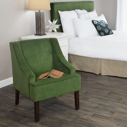 Mid Century Modern Accent Chair Wingback Living Room Chair Comfy Upholstered Scooped Armchair Fabric Side Chair with Wood Legs for Small Space, Bedroom, Apartment, Office, Waiting Room (Green)