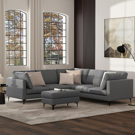 SIMPLIHOME Ava Corner Sectional Sofa in 100% Recycled Polyester Tightly Woven Performance Fabric, Pebble Grey, 102-inches Wide, Handcrafted Mid-Century Modern Style L-Shaped Couch for Living Room