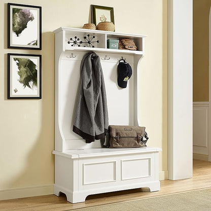 Crosley Furniture Campbell Hall Tree with Storage Bench and Coat Rack Hooks for Hanging, White