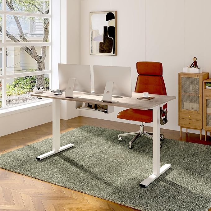 FLEXISPOT EN2 Whole-Piece Standing Desk with Clamp Power Strip, 55 x 28 Electric Stand Up Height Adjustable Desk with Cable Management (White Frame + 55" White Wood Grain Desktop, 2 Packages)