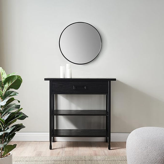 Leick Home Ironcraft Bookshelf, Solid Wood, 1 Drawer, 2 Shelves, Blackened Hardware, Slatted Sides, Easy Assembly, Black Wash, 12 in W x 30 in L x 30 in H, Item 11261-BK