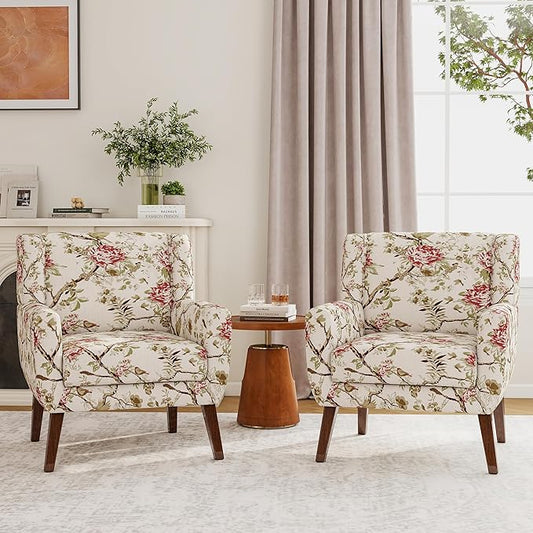 Accent Chairs Set of 2, Modern Fabric Armchairs for Living Room, Comfy Upholstered Arm Chairs Tufted for Indoor Bedroom Office Room (Pattern Floral)