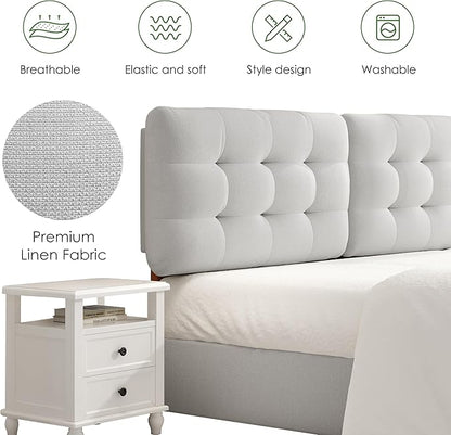Tufted Upholstered King Headboard, Adjustable Height King Size Headboard Only from 39”to 44” with Durable Solid Wood Legs, Modern Button Diamond Fabric Head Board with Width Adapters, Beige