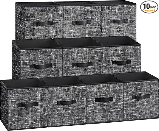 SONGMICS Storage Cubes, 10.2 x 10.2 x 11 Inches Non-Woven Fabric Bins with Double Handles, Set of 10, Closet Organizers for Shelves, Foldable, for Clothes, Ink Black UROB126B01