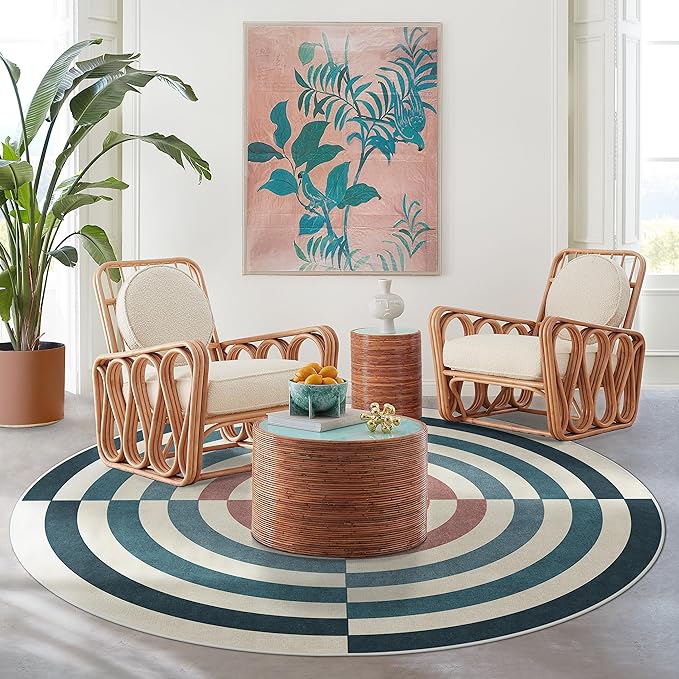 RUGGABLE x Jonathan Adler Machine Washable Modern Area Rug – Op Art Teal 8 ft Round, Stain-Resistant, Non-Slip – Large Rugs for Living Room, Bedroom, Hallway, Entryway & Office–with Standard Pad