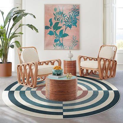 RUGGABLE x Jonathan Adler Machine Washable Modern Area Rug – Op Art Teal 8 ft Round, Stain-Resistant, Non-Slip – Large Rugs for Living Room, Bedroom, Hallway, Entryway & Office–with Standard Pad
