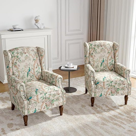 Wingback Accent Chairs Set of 2, High Back Upholstered Armchair, Printed Fabric Wingback Arms Chairs with Wood Legs, Single Sofa Reading Chair for Bedroom Living Room, Bird