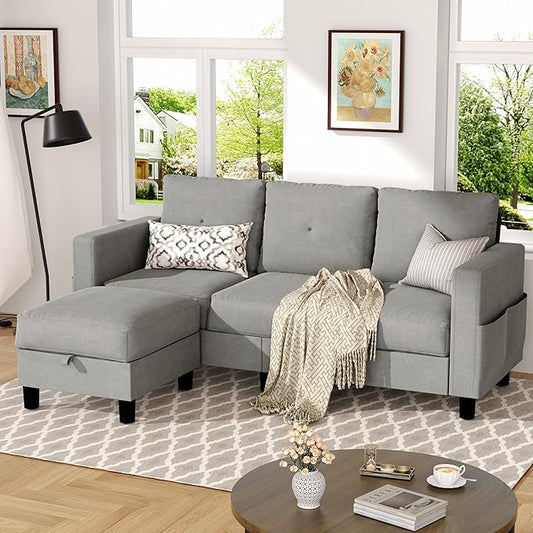 JY QAQA Convertible Sectional Sofa with 3-Seater Sofa, L-Shaped Ottoman Couch with Modern Linen for Apartment, Small Living Room and Small Space (Light Grey)