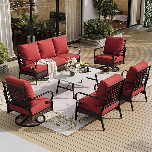 6 Piece Metal Outdoor Patio Furniture Set, Patio Conversation Set with Swivel Chair and 5.75" Thick Cushion & Coffee Tabl, Outdoor Seating Black Frame Backyard Furniture, Rust Red