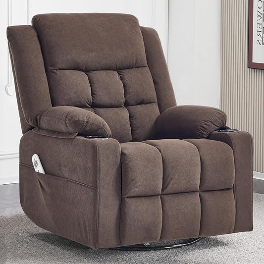 Swivel Rocker Recliner Chair for Adults with Massage and Heat, Cup Holders and Side Pockets, Glider Rocking Reclining Single Sofa Chair for Living Room (Cocoa)