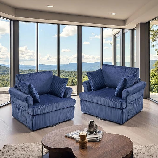Karl home Swivel Accent Chair Set of 2, 39" Oversized Armchair W/2 Pillows and 4 Pockets,Modern Corduroy Barrel Chairs,Comfy Single Sofa for Living Room,Reading,Bedroom and Office-Dark Blue