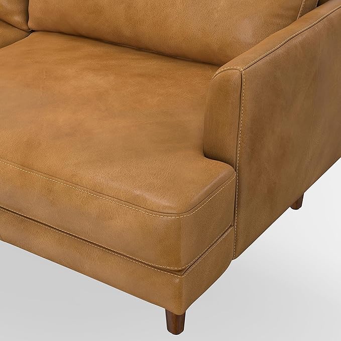 SIMPLIHOME Livingston 90-inch Wide Sofa in Sienna Top Grain Genuine Leather, Handcrafted Mid-Century Modern Couch for Living Room, Large 3-Seater with Feather-Wrapped Cushions and Solid Wood Frame