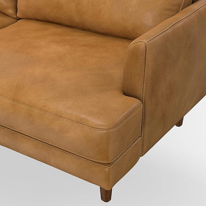 SIMPLIHOME Livingston 90-inch Wide Sofa in Sienna Top Grain Genuine Leather, Handcrafted Mid-Century Modern Couch for Living Room, Large 3-Seater with Feather-Wrapped Cushions and Solid Wood Frame