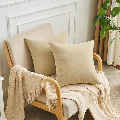 GAWAMAY Decorative Chenille Throw Pillow Covers 26x26 Inch Pack of 2, Soft Square Couch Pillow Cover for Sofa Cushion Living Room Bedroom Solid Dyed Oversized Pillowcases Khaki 66x66cm (ONLY Covers)