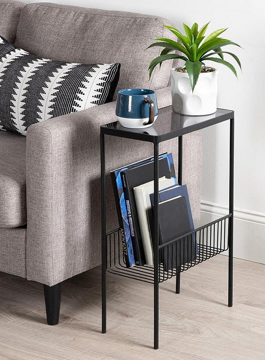 Kate and Laurel Trubey Modern Side Table, 15.75" x 8" x 24.6", Black, Contemporary End Table with Practical Storage Rack Underneath