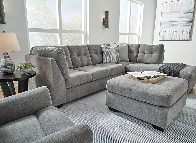 Signature Design by Ashley Marleton Contemporary Right-Arm Facing Tufted 2-Piece Sleeper Sectional with Chaise, Loose Seat Cushions and Bi-Fold Memory Foam Mattress, Full, Light Gray