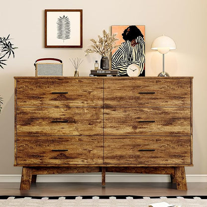 Dresser for Bedroom with 6-Drawer, 47.3" Modern Chest of Drawers with Metal Handles, X-Shape Base & Adjustable Center Leg, Anti-Tip Closet Organizers and Storage