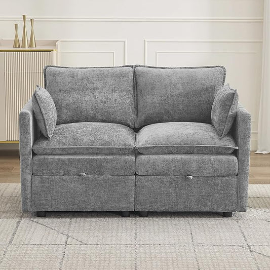 55" Cloud Modular Loveseat Sofa with Storage, Modern Upholstered Sofa Couch Small Love Seat，2 Seater Chenille Comfy Sectional Sofa with Armrests for Living Room, Small Space, Light Grey