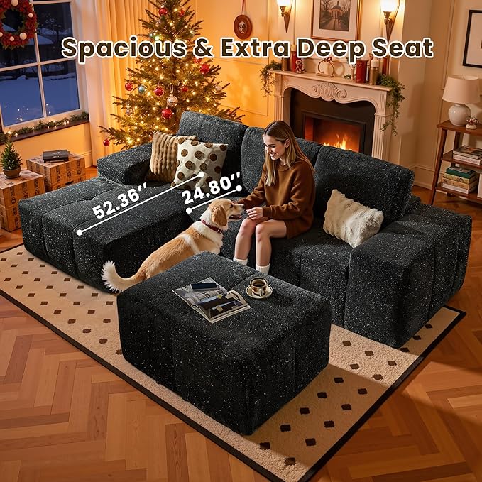 114" Glitter Cloud Sectional Couch with L-Shape Chaise & Ottoman, Modern Boneless Couches for Living Room, Fluffy Tufted Deep Seat Modular Sofa No Assembly (Gray Sparkly Velvet,Left Facing)