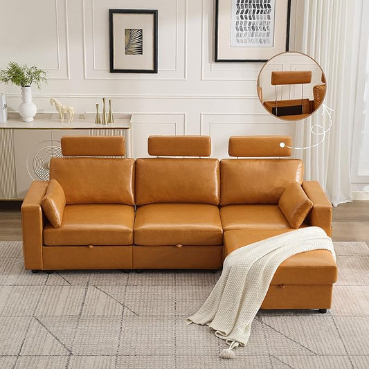 98.2" Modular Sectional Storage Couch, Oversized Faux Leather L Shaped Couch, Modern Cloud Upholstered Sofa with Headrest & Side Pocket, Sectional Sofa for Living Room Apartment Small Spaces, Brown