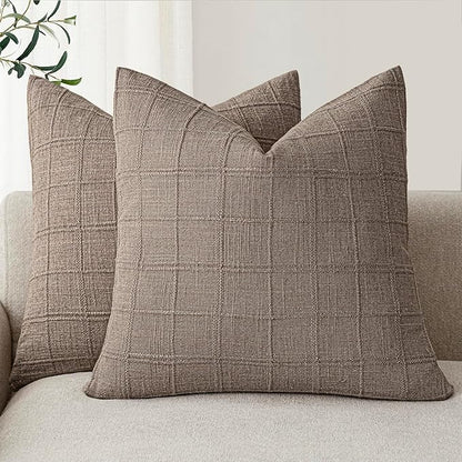 Foindtower Set of 2 Decorative Linen Check Throw Pillow Covers Neutral Farmhouse Vintage Cushion Covers Modern Boho Home Decor for Sofa Chair Couch Bedroom Living Room,24×24 Inch,Tan Taupe