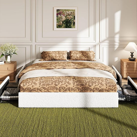 Allewie King Size Bed Frame with 4 Oversized Storage Drawers, Soft Teddy Fabric, Boucle Upholstered Platform Bed, Wooden Slats Support, Noise-Free, No Box Spring Needed, Easy Assembly, White