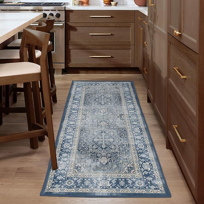 RUGGABLE Washable Vintage Area Rug – Kamran Admiral Blue 6x9, Stain-Resistant, Non-Slip – Medium Machine Washable Rugs for Living Room, Bedroom, Hallway, Entryway & Office–with Standard Pad