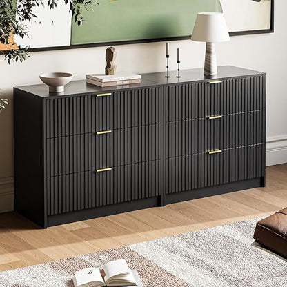 3-Piece Dresser Bedroom Set, 9 Drawer Dresser & 3 Drawer Nightstands with Gold Handles, Fluted Wood Chest of Drawers for Bedroom, Living Room, Entryway, Black
