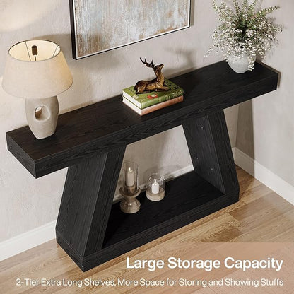 Tribesigns Farmhouse Console Table, 55-Inch Rustic Sofa Table with Storage, Industrial Wooden Entryway Table for Hallway, Living Room, Black