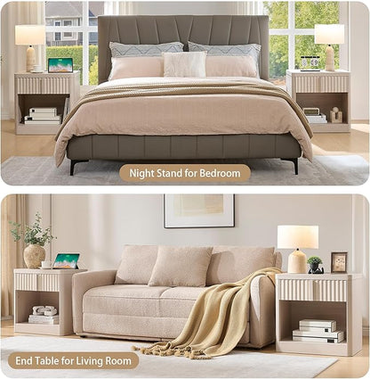 Fluted Nightstand Set of 2 with Charging Station, 23.6" End Table with Open Shelf and Drawers Storage, Bedside Table with Solid Wood Handle, Curved Profile Design, Night Stand for Bedroom