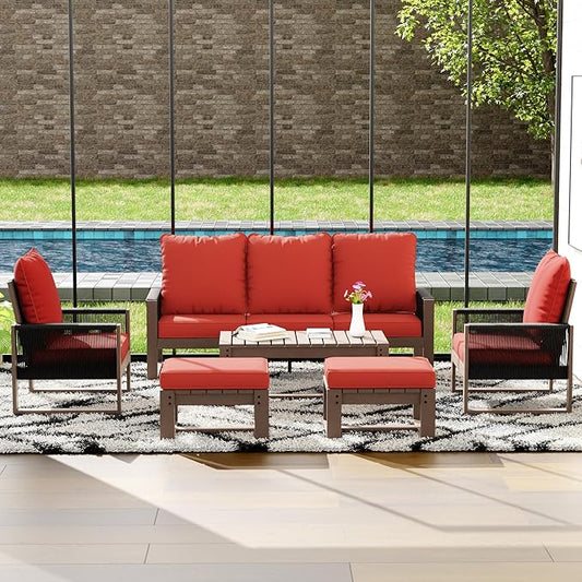 6 Piece Patio Furniture Set with 3-Seat Sofa, 2 Porch Armchairs, 2 Ottoman and 1 Coffee Table Wicker Outdoor Conversation Set for Garden, Terrace, Porch, Balconies, Lawns