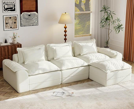 Hobestluk 120" Cloud Modular Sectional Couch 3-Seater Sofa with Ottoman L Shaped Sofa with Removable Cover Large Sofa Couch for Living Room (Beige, 3-Seater Sofa with One Ottoman)