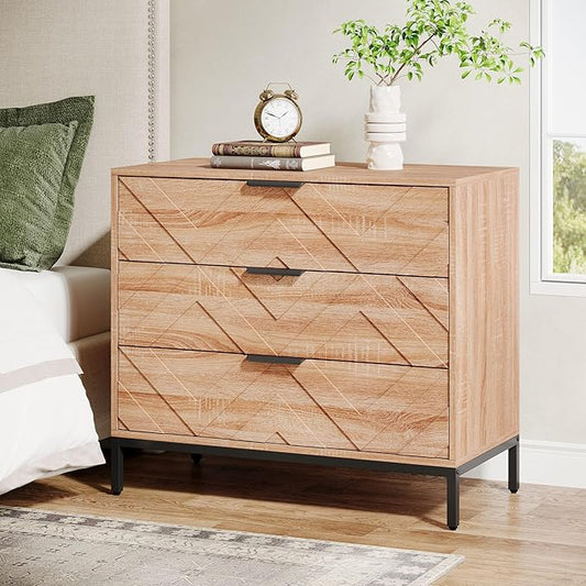 Tribesigns Wooden Nightstand with 3 Drawers, 31" Wide Night Stand with Metal Legs, Modern Large Bedside End Table for Bedroom, Living Room