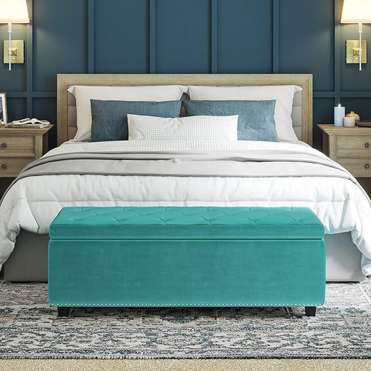 SIMPLIHOME Hamilton 48 inch Wide Traditional Rectangle Storage Ottoman in Aqua Blue Velvet Fabric, Assembled for the Living Room, Entryway and Family Room
