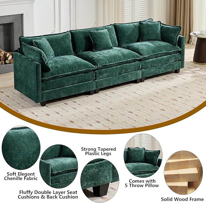 Aoowow Modular Sectional 3 Seater Cloud Sofa Couch for Living Room,113.8" Cloud Sofas with Deep Seat,Modern Chenille 3 Seat Sofas,Fluffy Cloud Couches for Bedroom,Apartment,Office (Green, 3 Seater)