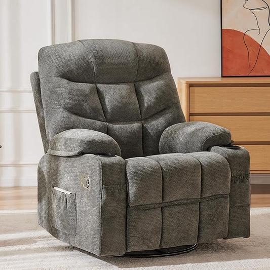 Manual 360°Swivel Rocker Recliner Chair,Single Recliner Seat with Cup Holders,Recliner Chairs for Adults, Upholstered Fabric Lazy Boy Recliner for Bedroom,Living Room,Dark Grey