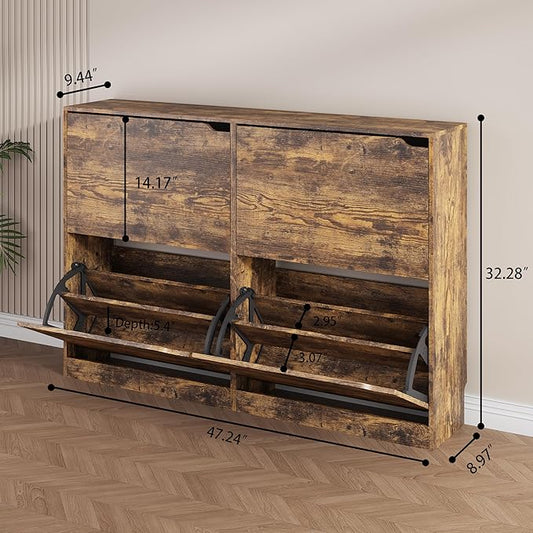 Shoe Storage Cabinet, Wood Shoe Organizer for Entryway with 4 Flip Drawers, Freestanding Shoe Rack with Adjustable Shelf, Narrow Shoe Dresser for Front Door Entrance(Brown, 47.24" x 32.28" x 9.44")